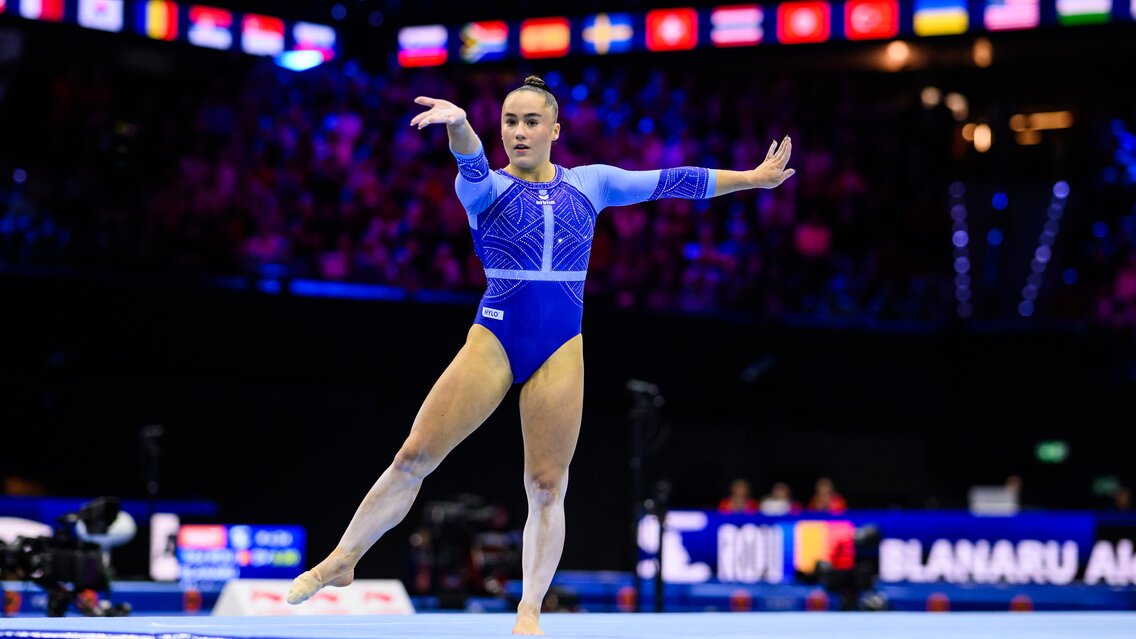 ROTTERDAM, NETHERLANDS - OCTOBER 18: Madita Mayr of Germany competes on the floor during the Women's Qualifications on day two of the Artistic Gymnastics World Championships Rotterdam 2026 at Ahoy on October 18, 2026 in Rotterdam, Netherlands. (Photo by Tom Weller/24passion | © 2026 Tom Weller/24passion